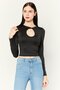 Women Knot Neck Long Sleeves Solid Top, Black
