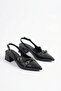 Black Women's Pointed Toe Open Back 4 cm Thick Short Heeled Shoes Gz85Nav - 6