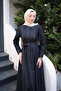 Navy Blue Crew Neck Belted Denim Dress - 5