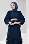 Navy Blue Pleated Chiffon Evening Dress with Stones on the Waist - 2