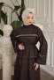 Brown Denim Skirt Suit with Pearl Tie Detail on the Front - 3