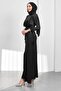 Black Belt Piece Fish Model Satin Evening Dress with Draped Front - 4