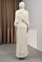 Cream-Colored Draped Front Gown with a Movable Cape - 5