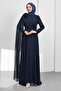 Navy Blue Floral Detailed Belt Piece Evening Dress - 3