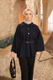Navy Blue Belt Buttoned Dabıl Poncho