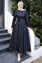 Navy Blue Crew Neck Belted Denim Dress