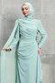Mint Green Cape and Rose Detailed Chiffon Evening Dress - 2