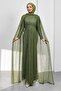 Khaki Shoulder Cape Draped Guipure Lace Evening Dress