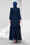 Navy Blue Pleated Chiffon Evening Dress with Stones on the Waist - 5