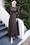 Brown Crew Neck Belted Denim Dress - 2