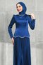 Navy Blue Waist Stone Detailed Skirt Pleated Satin Evening Dress - 2
