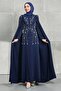 Navy Blue Evening Dress with Cape Sleeves and Stones - 3