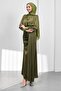 Khaki Belt Piece Fish Model Satin Evening Dress with Draped Front - 4