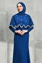 Navy Blue Stoned Fish Model Evening Dress with Cape - 2