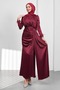 Burgundy Belt Piece Fish Model Satin Evening Dress with Draped Front - 2