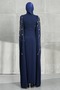 Navy Blue Evening Dress with Cape Sleeves and Stones - 5