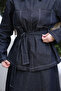 Navy Blue Belted Double Pocketed Jacket and Skirt Set - 3