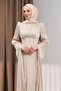 Mink Sleeve Detail Fish Model Stone Evening Dress - 3