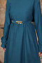 Petrol Green Chain Belted Corded Fabric Long Dress - 3