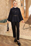 Navy Blue Belt Buttoned Dabıl Poncho - 3