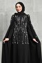 Black Evening Dress with Cape Sleeves and Stones - 2