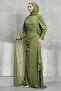 Khaki Cape Detailed Chiffon Evening Dress with Rose Detail - 4