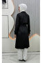 Black Leather Belted Long Trench Coat Hnt7546 - 3
