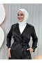 Black Leather Belted Long Trench Coat Hnt7546