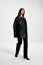 Black Contrast Collar Detail Leather Midi Jacket