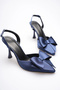 Women's Navy Blue Bowknot Satin Slingback Heeled Shoes Tr40Ms01E
