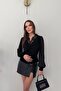 Black V-Neck Lace Detailed Sleeves Chiffon Blouse - 2