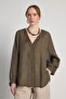 Women's Khaki V-Neck Tencel Fabric Oversized Shirt 31006