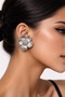 Women's White Color Steel Peony Flower Figured Nail Earrings - 3