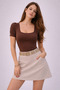 Women's Brown Shoulder Ruched Short Sleeve Square Neck Front Double Layer Body