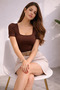 Women's Brown Shoulder Ruched Short Sleeve Square Neck Front Double Layer Body - 2