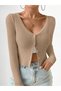 Leather N V-Neck Corded Fabric Button Fit Fit Women's Knitwear Cardigan - 7