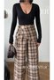 Women's Beige Plaid Palazzo Pants – Loose-Fit Trousers with Shawl Detail - 4