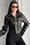 Women's Cropped Leather Jacket - Brown New Season Corset Detail - 3