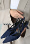 Belt Pointed Toe Short Kitten Heel Navy Blue Suede Women's Shoes
