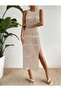 Slit Detailed Lace-Like Knit Patterned Crew Neck Zero Sleeve Bikini Top Beach Dress - 4