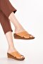 Genuine Leather Wedge Heel Pieces Daily Cross Band Slipper Rh.043 Tan