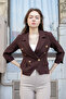 Women's Double-Breasted Pocket Flap Sleeves Slit Lightweight Stretch Fabric Fabric Short Jacket-Brown - 2