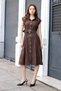 Women's Embroidered Collar Dress Drop-Shoulder Pocketed Pili Melton Li Midi Length Below Knee Belt Li Dress-Brown - 4