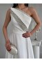 White One-Shoulder Stone Embellished Evening Dress - 4