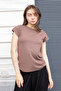 Women's Silk I Fabric Wide Crew Neck Short Sleeve Tshirt Blouse-Brown