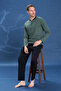 Men's Combed Cotton Half Button Detail Long Sleeve Pajama Set 2127 Khaki - 4