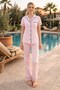 Women's Pink Striped Front Button Shirt Collar Satin Piped Chest Pocketed Viscose Short Sleeve Pajama Set - 4