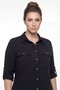 Women's Black Summer Elastic Waist Buttoned Double Pocketed Top and Bottom Set - 4
