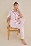 Women's Pink Striped Front Button Shirt Collar Satin Piped Chest Pocketed Viscose Short Sleeve Pajama Set - 5