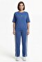 Women's Indigo Summer Tracksuit Set with Elastic Waist and Side Buttons and Stripes